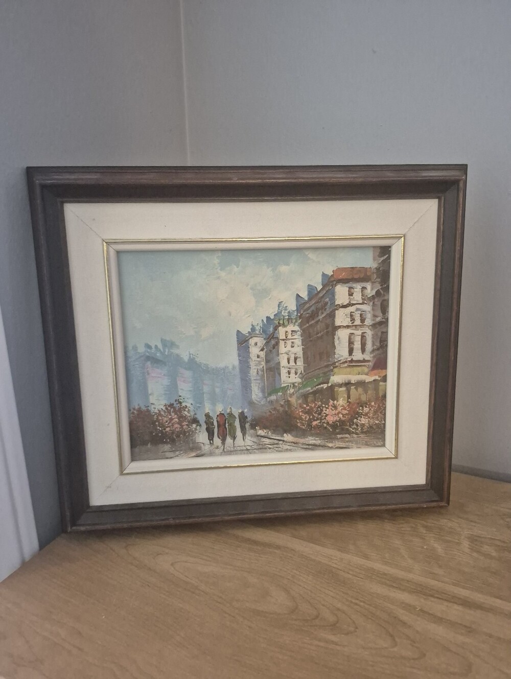 Framed Cityscape Oil Painting in Wood Frame - Blue, Cream, Brown